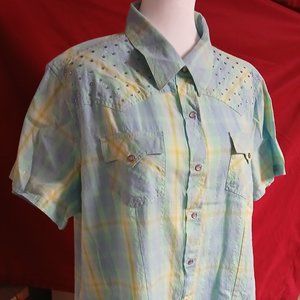 Cumberland Outfitters Womens 2X Short Sleeve Pearl Snap Western Plaid Shirt